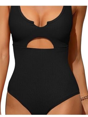 Charmo NWT M Black Cutout Ribbed  UPF 50 tummy support One-Piece Swimsuit